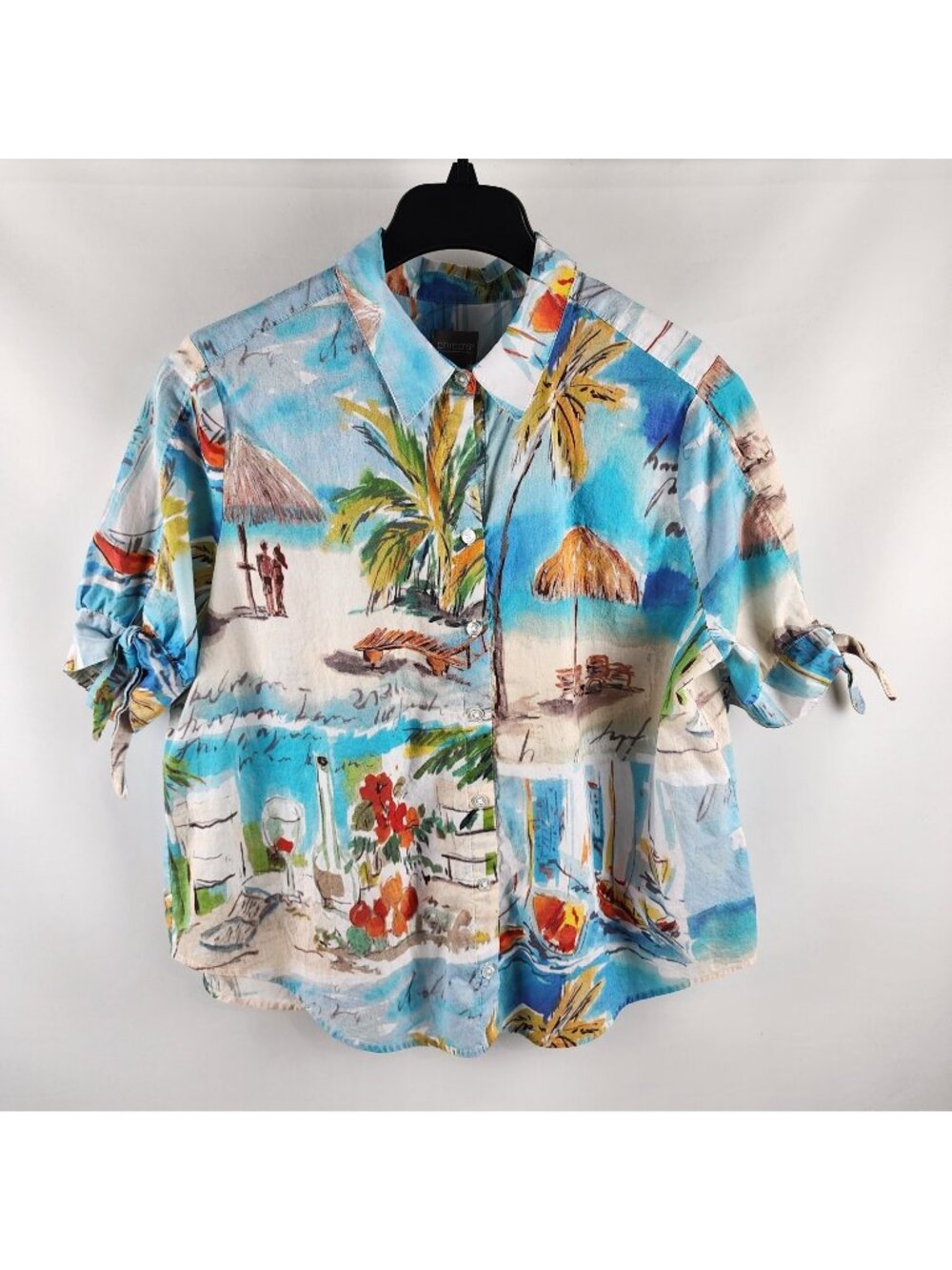 Chicos Blouse Womens 3=XL Multi Tropical Beach Scene S/S Button Up